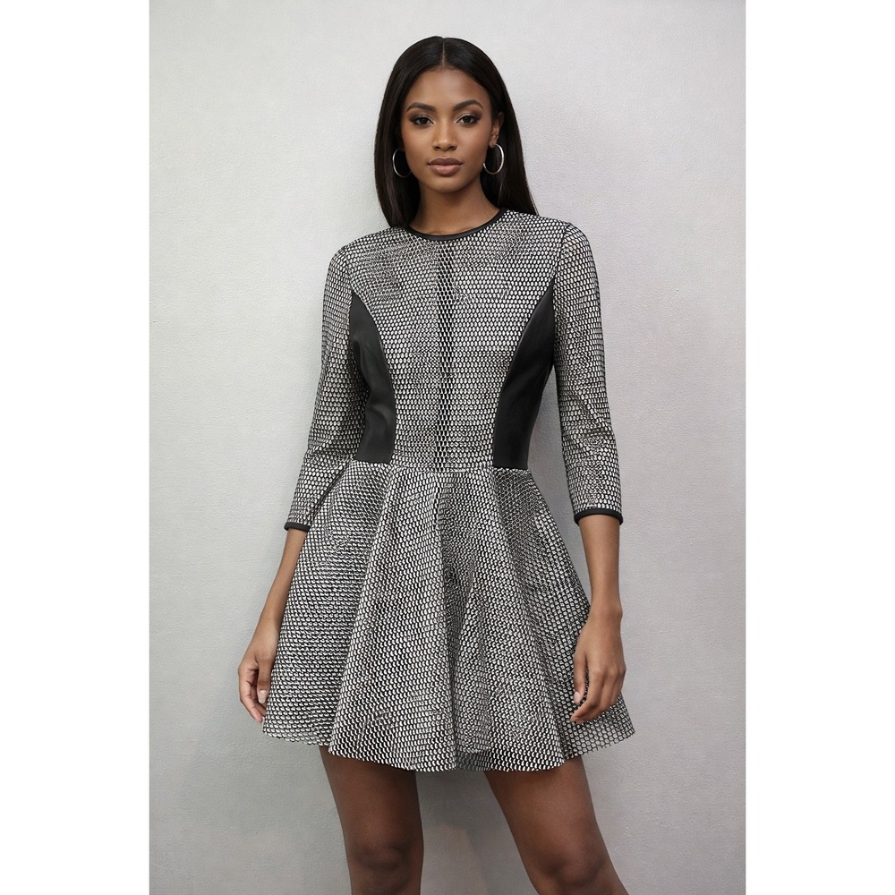 Barbara Bates Dress Women Large Silver Black Mesh Leather‎ Panel Fit Flare Mini